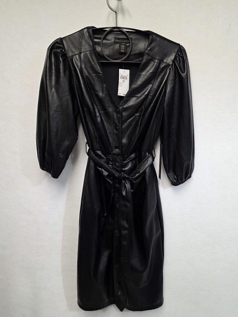 House of Harlow 1960 Black Faux-Leather Midi Belted Ruched Dress Size XS - Picture 14 of 14